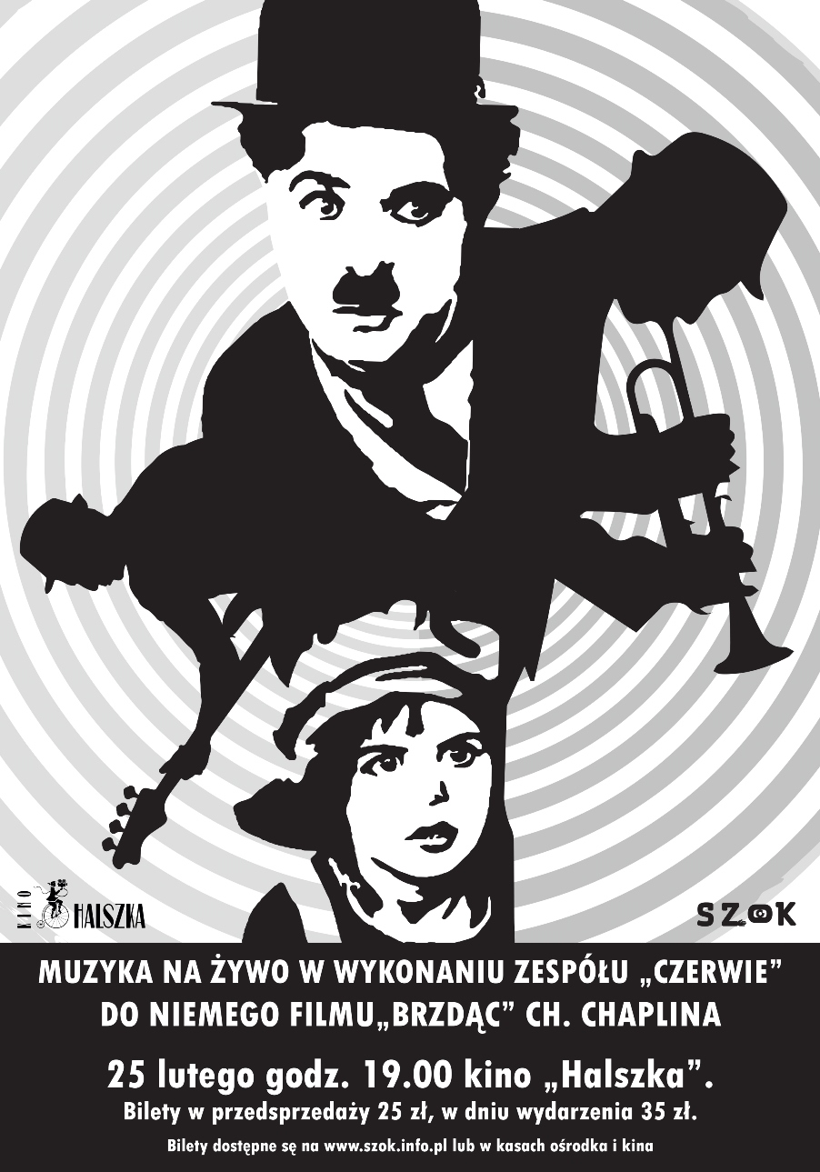 Plakat - muzyka na żywo do filmu "Brzdąc" Chaplina