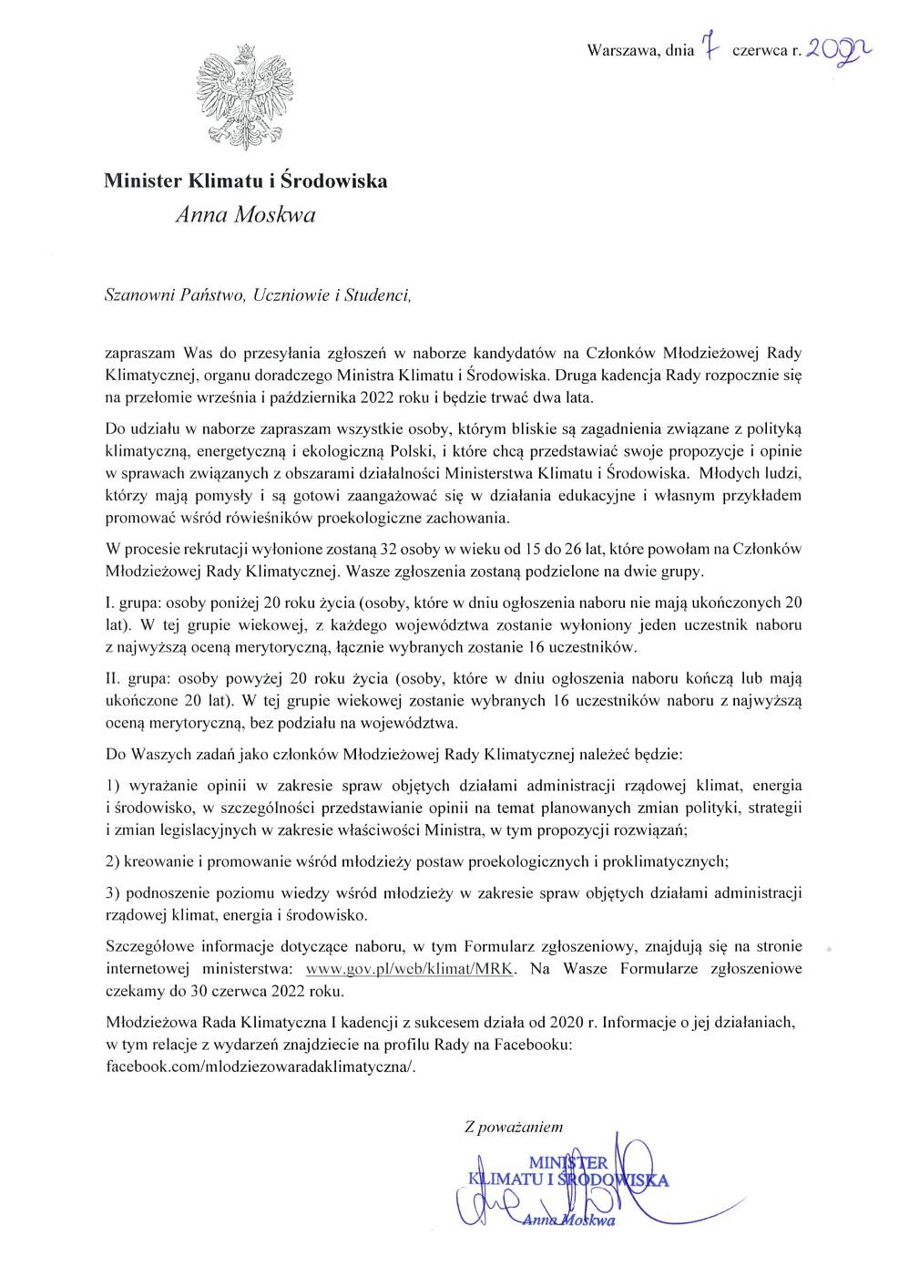 Nabór Kandydatów na Członków Młodzieżowej Rady Klimatycznej