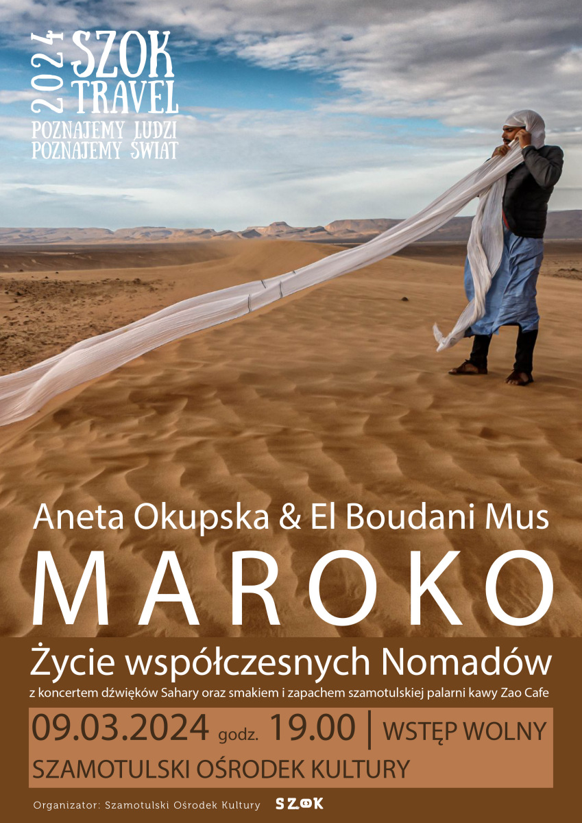 Plakat - Szok Travel - Spotkanie 9 marca o&nbsp;19:00 w&nbsp;SzOK'u | Wstęp Wolny